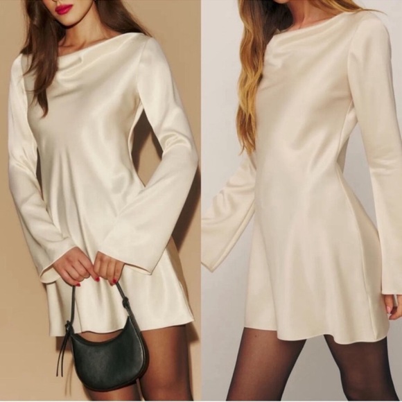 Reformation Pike Satin Long Sleeve Cowl Neck Almond White Mini Dress Size Large - Picture 2 of 14